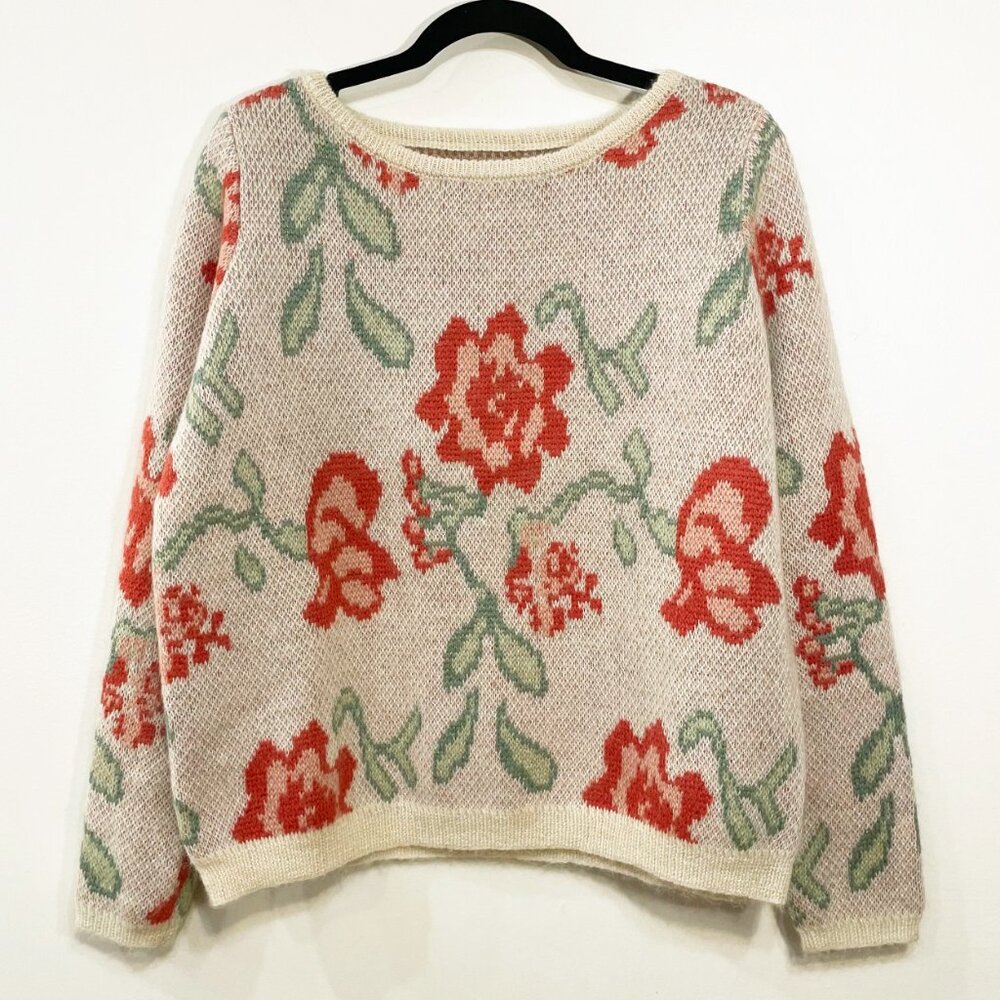 EUC Sezane Romane Floral Sparkle Mohair Wool Sweater Beige Red Small - Picture 4 of 10